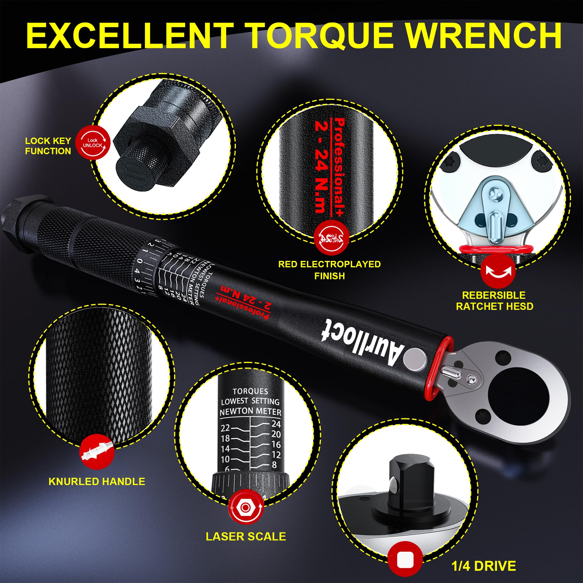 1/2" Torque Wrench Set, Car Wheel Torque Spanner 20-230 Nm with 3/8'' Adapter, ± 3% Accuracy, 72 Tooth for Car Repair, Tire Replacement Etc