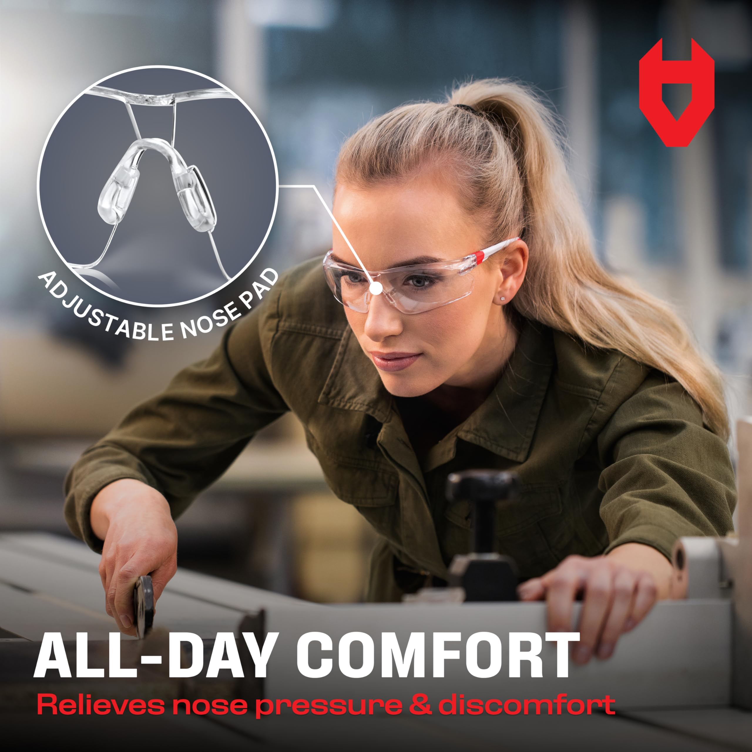 NoCry Clear Safety Glasses for Work with Anti Fog Scratch Resistant Wrap-Around Lenses and Non-Slip Grips, UV Protection. Adjustable Eye Protection Cycling and Squash Glasses with Black & Green Frames