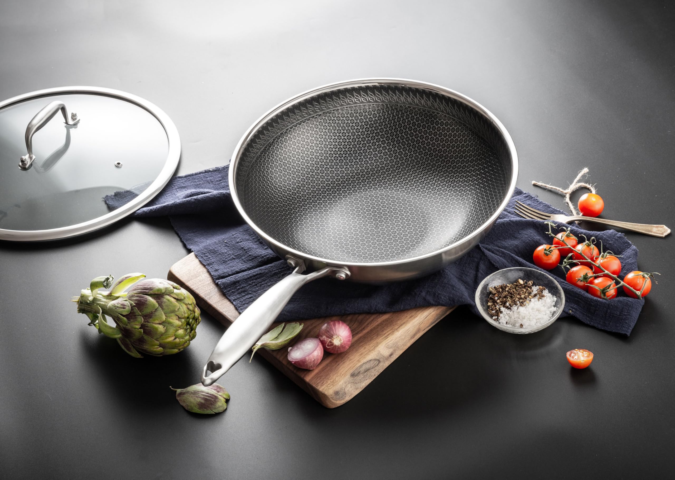 INTIGNIS Wok with Oven-Safe Lid - Anti Scratch Kitchen, for Sauting, Roasting, Broiling  Large 30cm Stainless-Steel Skillet - German GREBLON