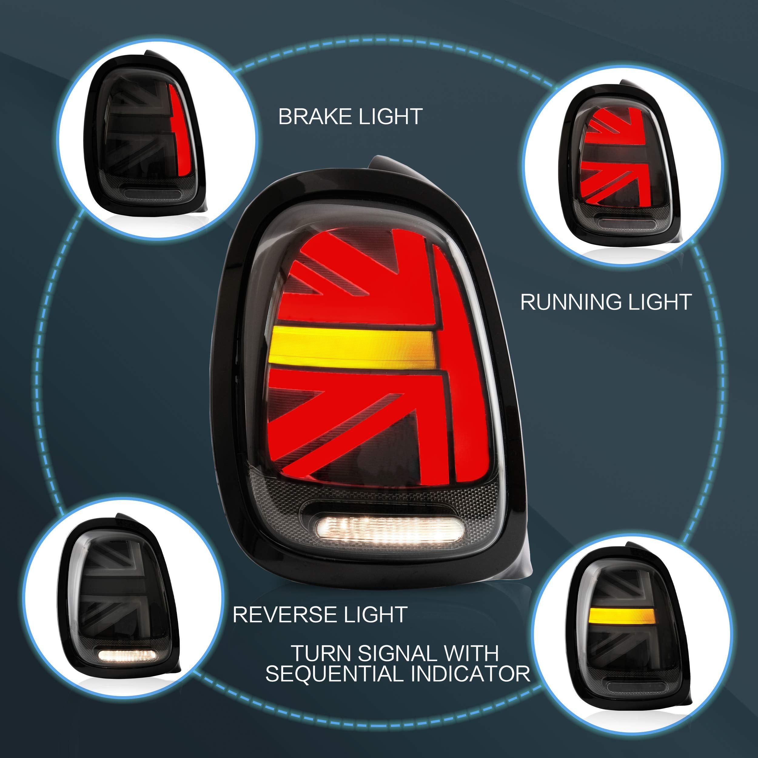 VLAND LED Tail Light Compatible with BMW Mini Cooper F55 F56 F57 2014-2021, Rear Lights with Sequential Turn Signal, Electroplated housing, Red