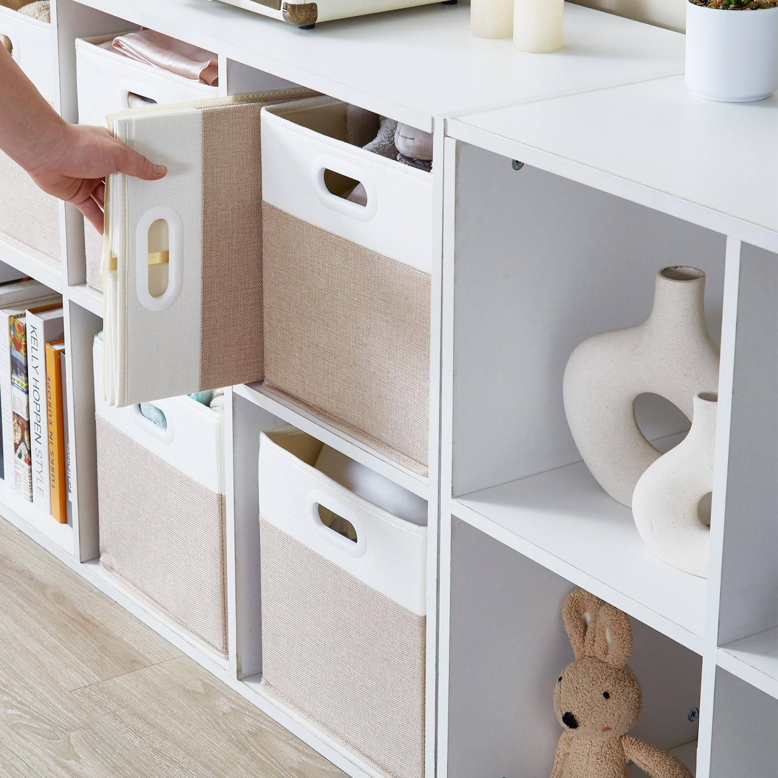 Mangata Cube Storage Boxes 33x38x33 cm, Large Fabric storage baskets for Kallax Box, Clothes Bins, Baskets, Chests,Toys (Lihgt Khaki White, 4Pcs)