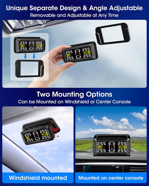 Jansite Upgraded TPMS Tyre Pressure Monitoring System Solar Wireless 4/2 Wheel Switch Modes Accuracy 0.01 Bar 21-87Psi Tyre Pressure Monitor 6 Alarm Mode with Detached Bracket and 4 External Sensors