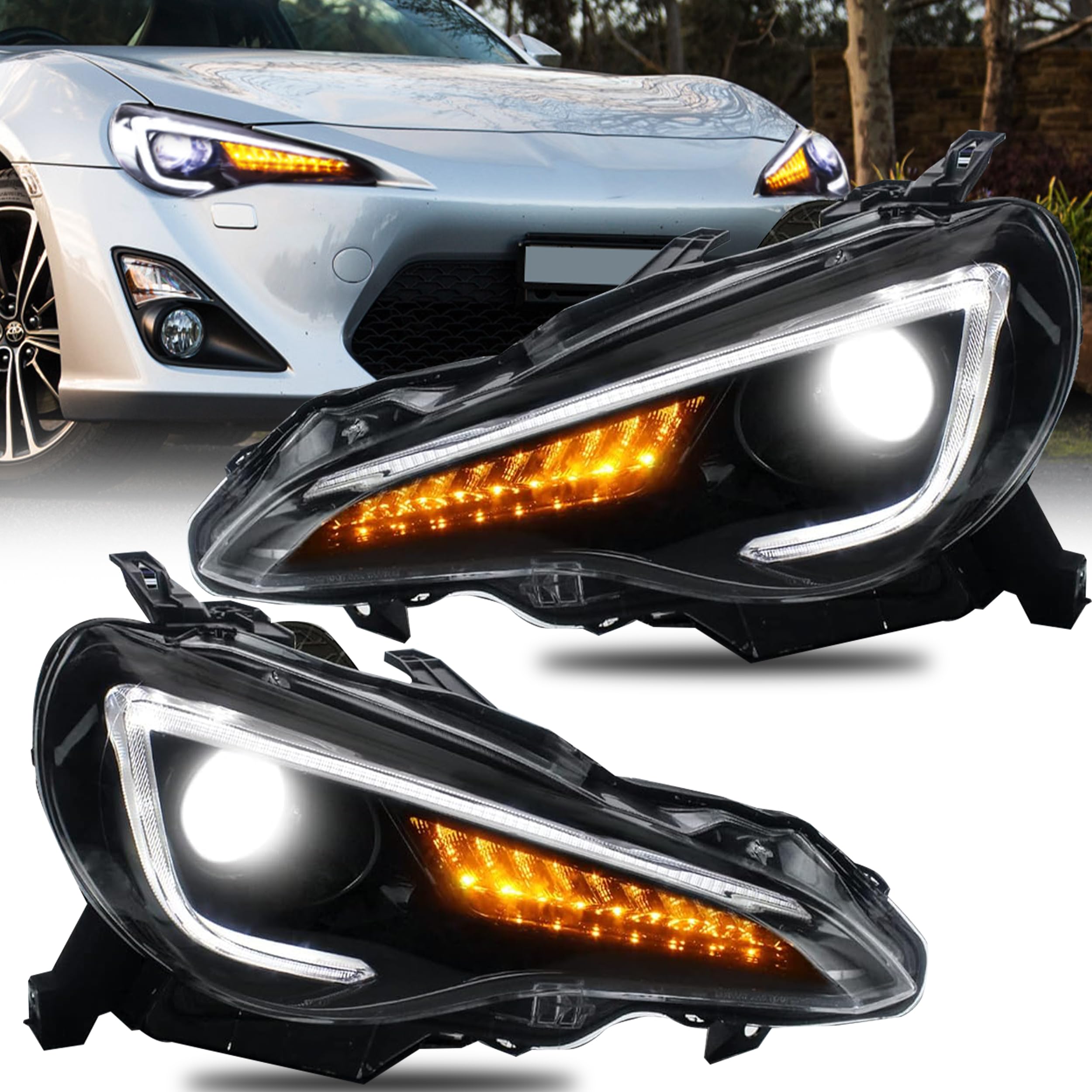 VLAND LED Tail Lights Compatible with Toyota 86 GT86 2012-2020/Subaru BRZ 2013-2020/Scion FR-S 2013-2020, Full LED Rear Light with Sequential Indicator, Red White Lens