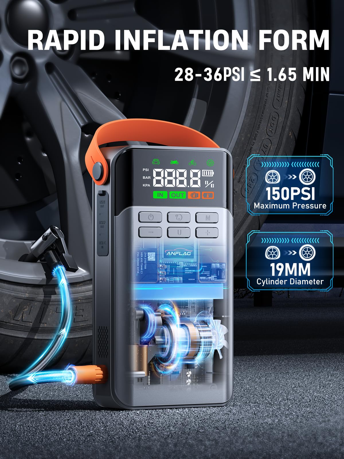 Car Battery Booster Jump Starter with 150PSI Air Compressor,8-IN-1 5500A Jump Starter Power Pack Portbale(All Gas/12L Diesel),21800mAh Car Jump Starter Power Bank with LCD Display,Emergency Flashlight
