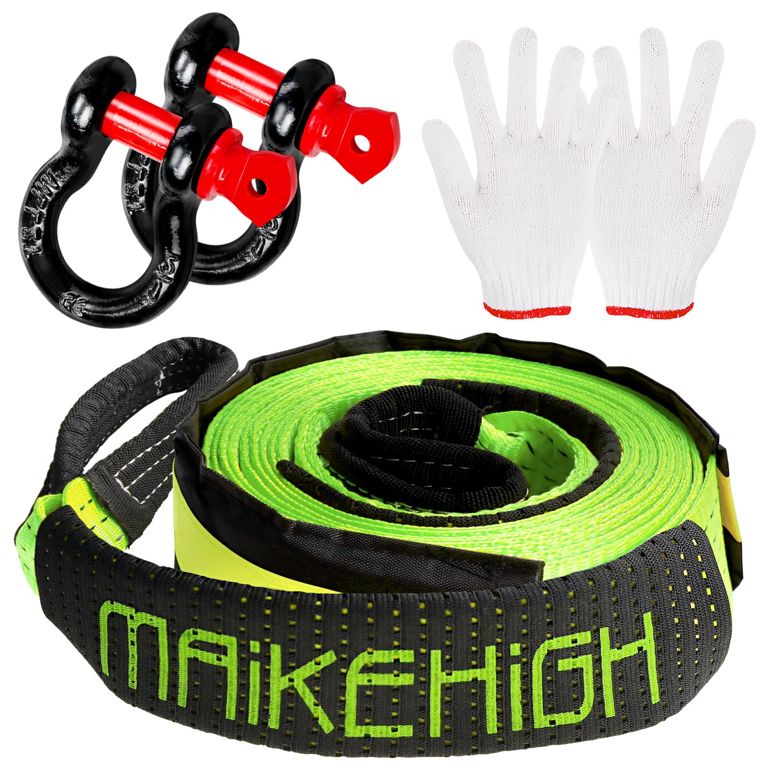 MAIKEHIGH Towing Rope 15 Ton (33,700 Lbs), 6M x 7.6cm Off-Road Recovery Tow Strap with 2 Gloves for Car, Truck, SUV, Snow (Green)