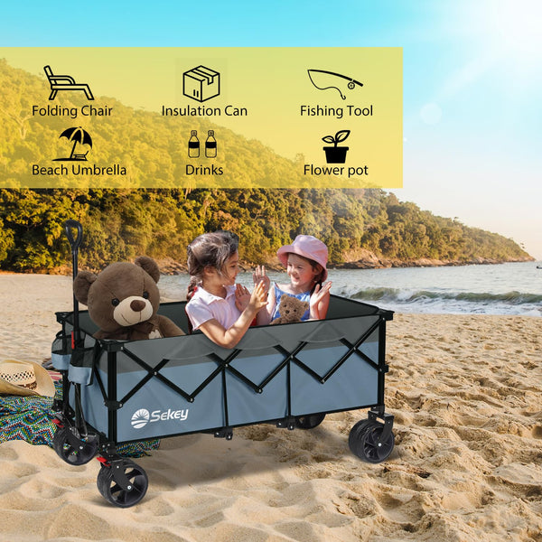 Sekey 200L Folding Festival Trolley with All-Terrain Extra Wide Wheels and Brake, Heavy-Duty Cart Loadable up to 150KG, Patented Four-Directional Foldable Design, Wagon for Beach Camping Outdoor, Grey