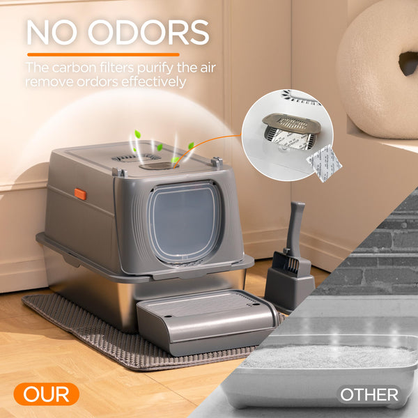 Citylife XL Stainless Steel Cat Litter Box with Lid, Extra Large Enclosed Removable Metal Litter Tray with Litter Scoop&Double Layer Litter Mat, Non-Sticky, Non-Odor, Easy Cleaning, for Big Cats