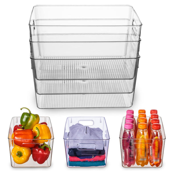 Amtido Clear Plastic Storage Bins for Fridge, Cupboard, Pantry, and Kitchen - Versatile Organisers for Food, Fruit, Vegetable, Cleaning Products, and