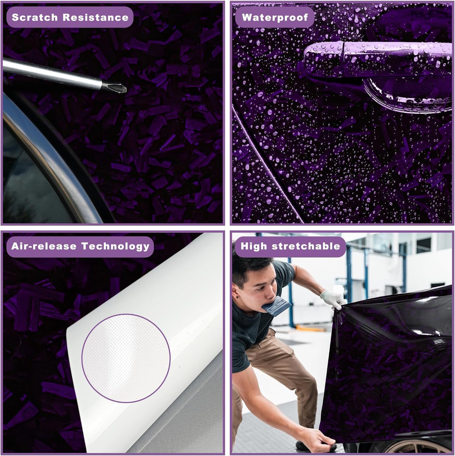 Purple Forged Carbon Fiber Vinyl Wrap, Foneso Self Adhesive Film, High Glossy Car Wrap Roll, Auto Interior Stickers Sheets Films Wraps Without Bubble for DIY Use 1ft x 5ft