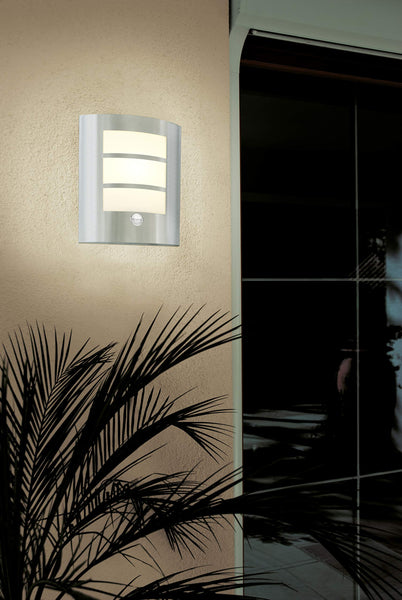 Eglo City Outdoor Motion Sensor Wall Light, White and Silver Stainless Steel External Porch Lighting, Exterior Lamp, E27 Socket, IP44