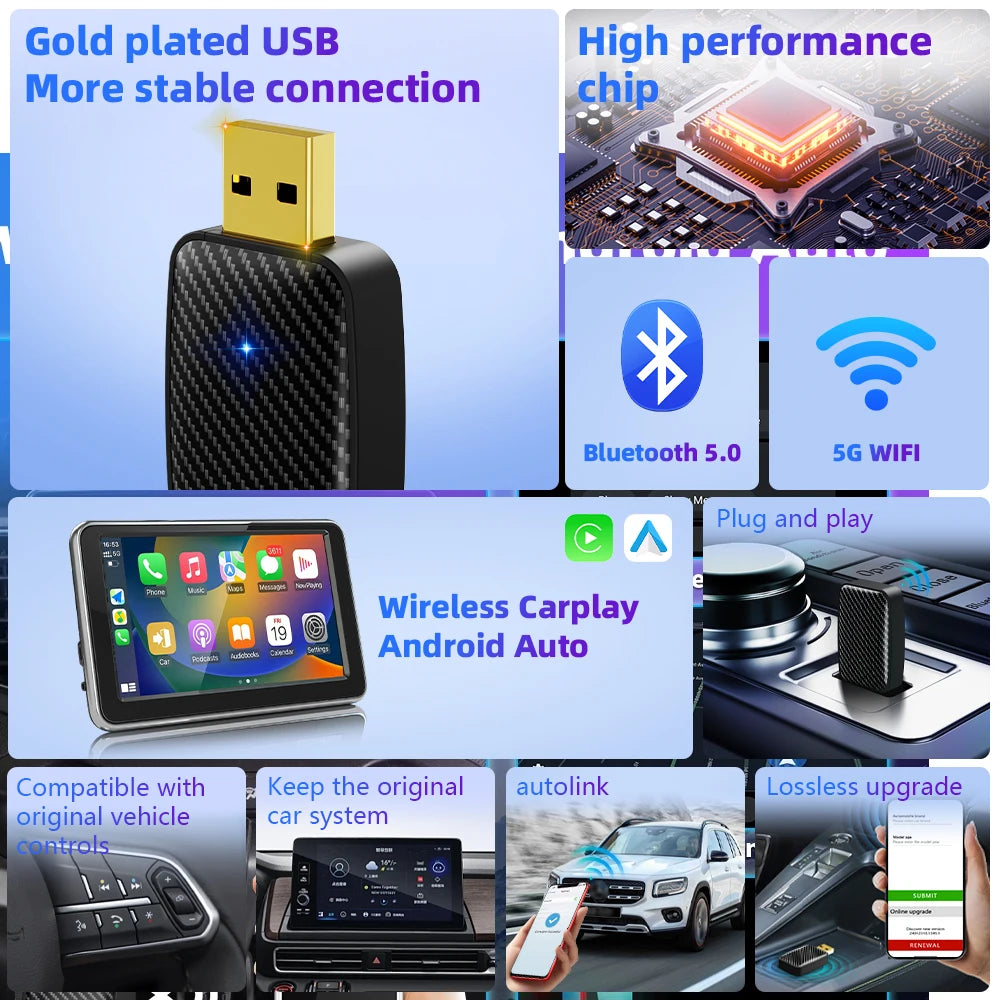 Carplay Android Auto Wireless Adapter For Toyota Mazda Nissan Camry Suzuki Subaru Citroen Audi Mercedes Kia Ford Opel Spotify BT