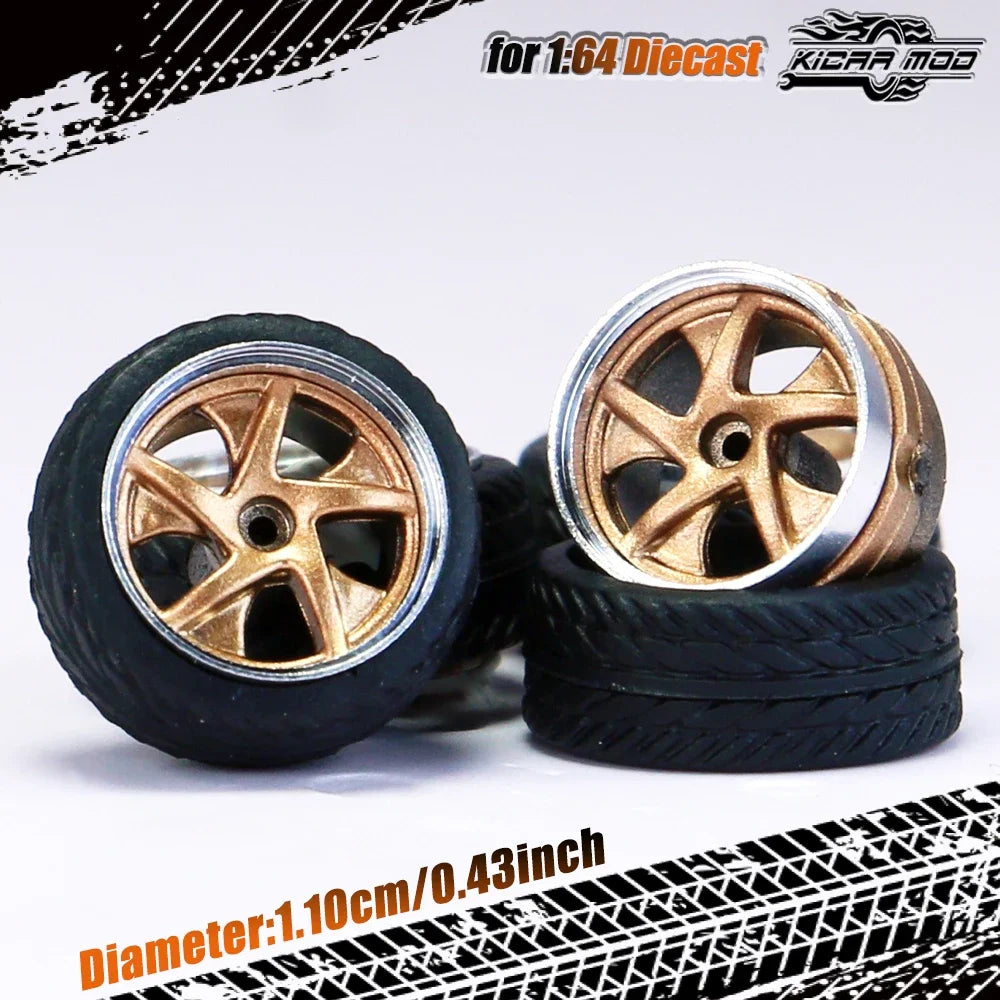 Kicarmod 1/64 Model Car ABS Wheels with Rubber Tire Rivet Axle Metal Rims Diameter 11mm Refitting Parts For Model Car Hot Wheels