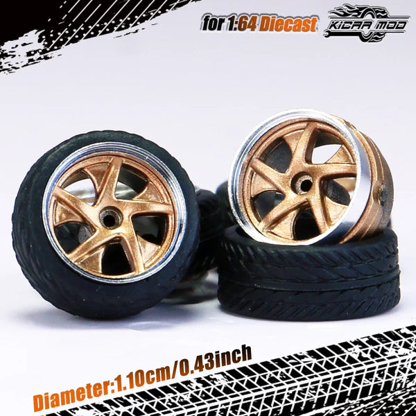 Kicarmod 1/64 Model Car ABS Wheels with Rubber Tire Rivet Axle Metal Rims Diameter 11mm Refitting Parts For Model Car Hot Wheels
