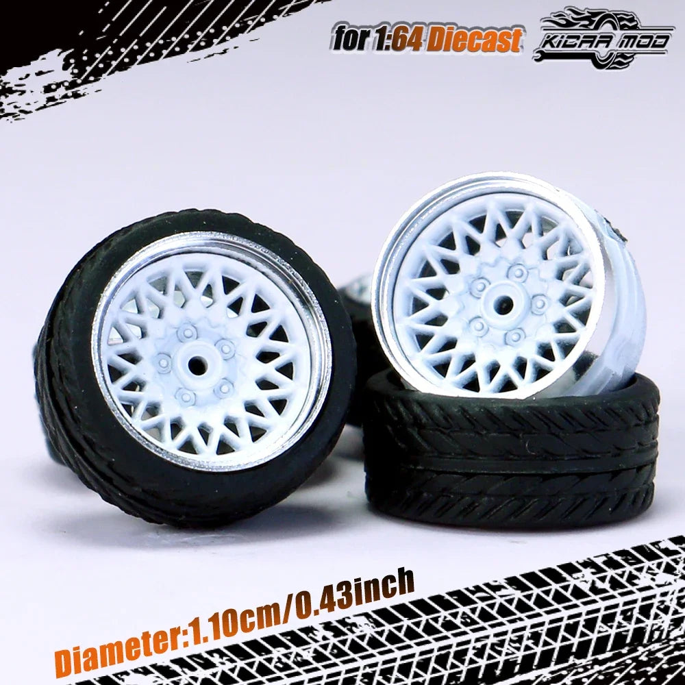Kicarmod 1/64 Model Car ABS Wheels with Rubber Tire Rivet Axle Metal Rims Diameter 11mm Refitting Parts For Model Car Hot Wheels