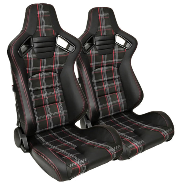 JBR 1041 SINGLE (x1) Red & Black Check Plaid Tartan Cloth Fabric Textile GTI Style PVC Faux Leather Single slider racing universal bucket seats