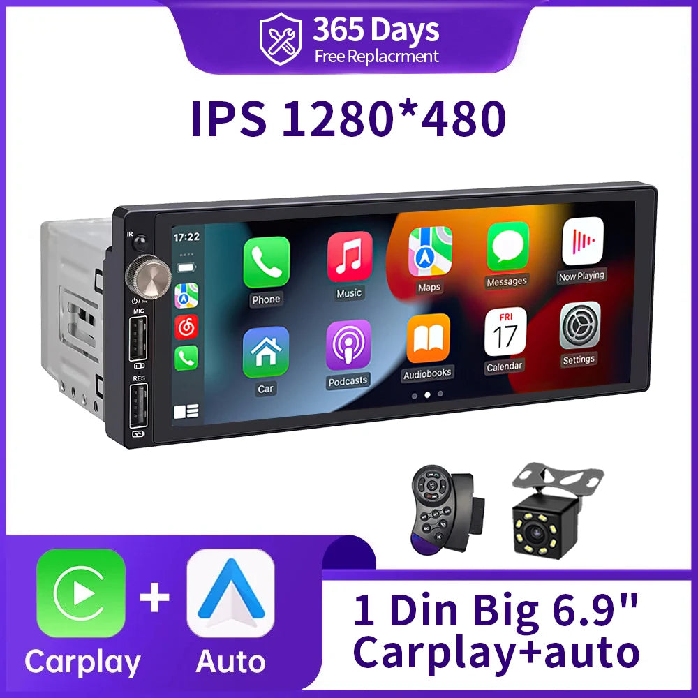 IPS 6.9 Inch 1Din Carplay Android Auto Car Radio Multimedia Video MP5 Player 1 Din No DVD with Bluetooth Stereo USB Charging