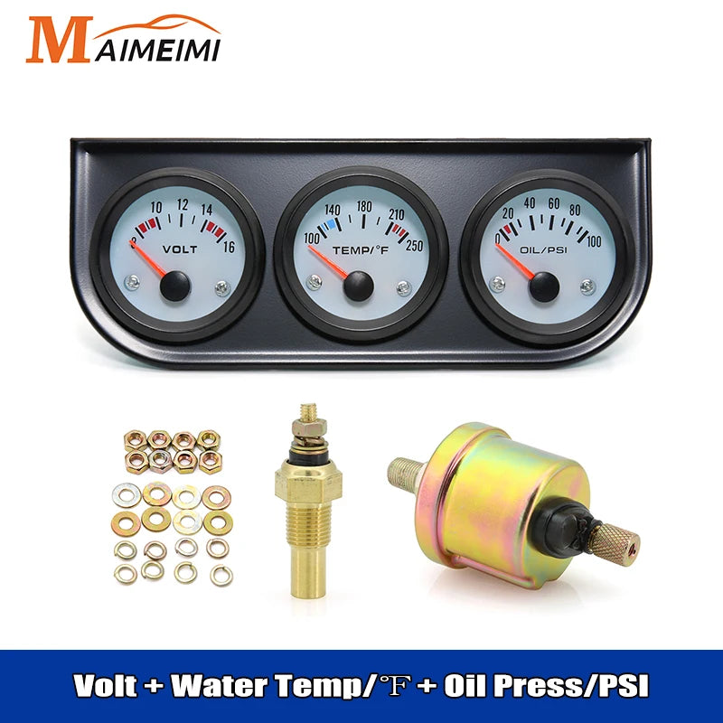 3 in 1 Voltmeter 8-16V Water Temp 100-250°F 0-100psi Oil Pressure Gauge Kit With Sensor Triple Mete For Car SUV Truck