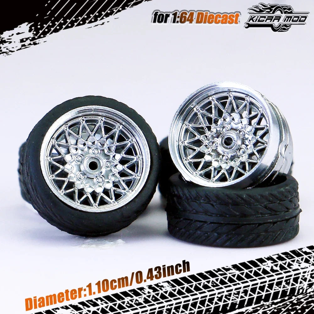 Kicarmod 1/64 Model Car ABS Wheels with Rubber Tire Rivet Axle Metal Rims Diameter 11mm Refitting Parts For Model Car Hot Wheels