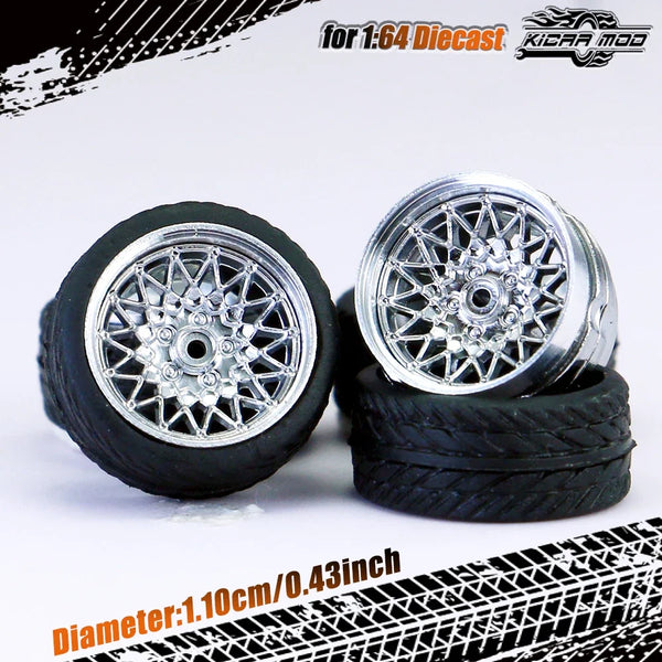Kicarmod 1/64 Model Car ABS Wheels with Rubber Tire Rivet Axle Metal Rims Diameter 11mm Refitting Parts For Model Car Hot Wheels