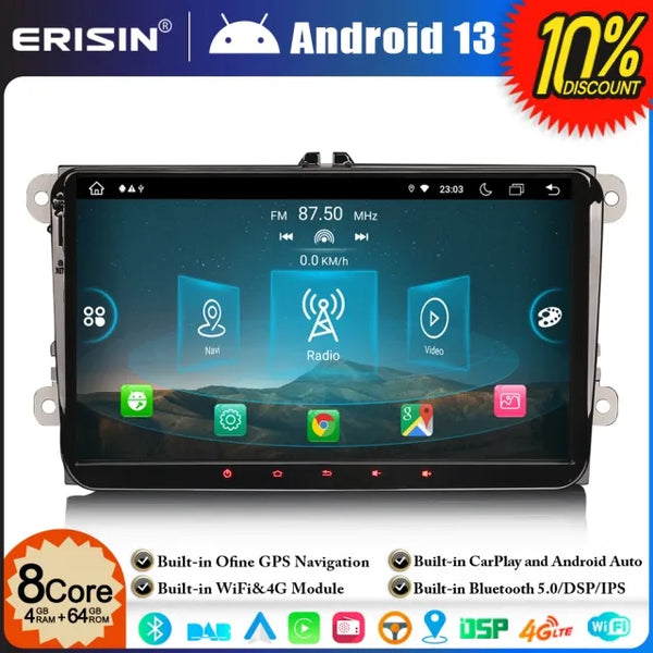 ES8998V 9" 8-Core Android 13.0 Car Stereo GPS Sat Nav for VW Golf Mk5 Mk6 Passat B6 Skoda Touran Seat Skoda Touran T5 Vento DAB+ Wireless CarPlay DSP WIFI 64GB