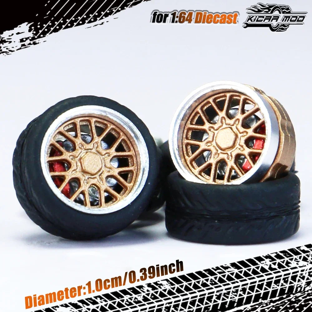 Kicarmod 1/64 Model Car ABS Wheels with Rubber Tire Brake Disc Metal Rims Diameter 10mm Refitting Parts For Model Car Hot Wheels