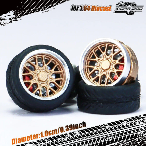 Kicarmod 1/64 Model Car ABS Wheels with Rubber Tire Brake Disc Metal Rims Diameter 10mm Refitting Parts For Model Car Hot Wheels