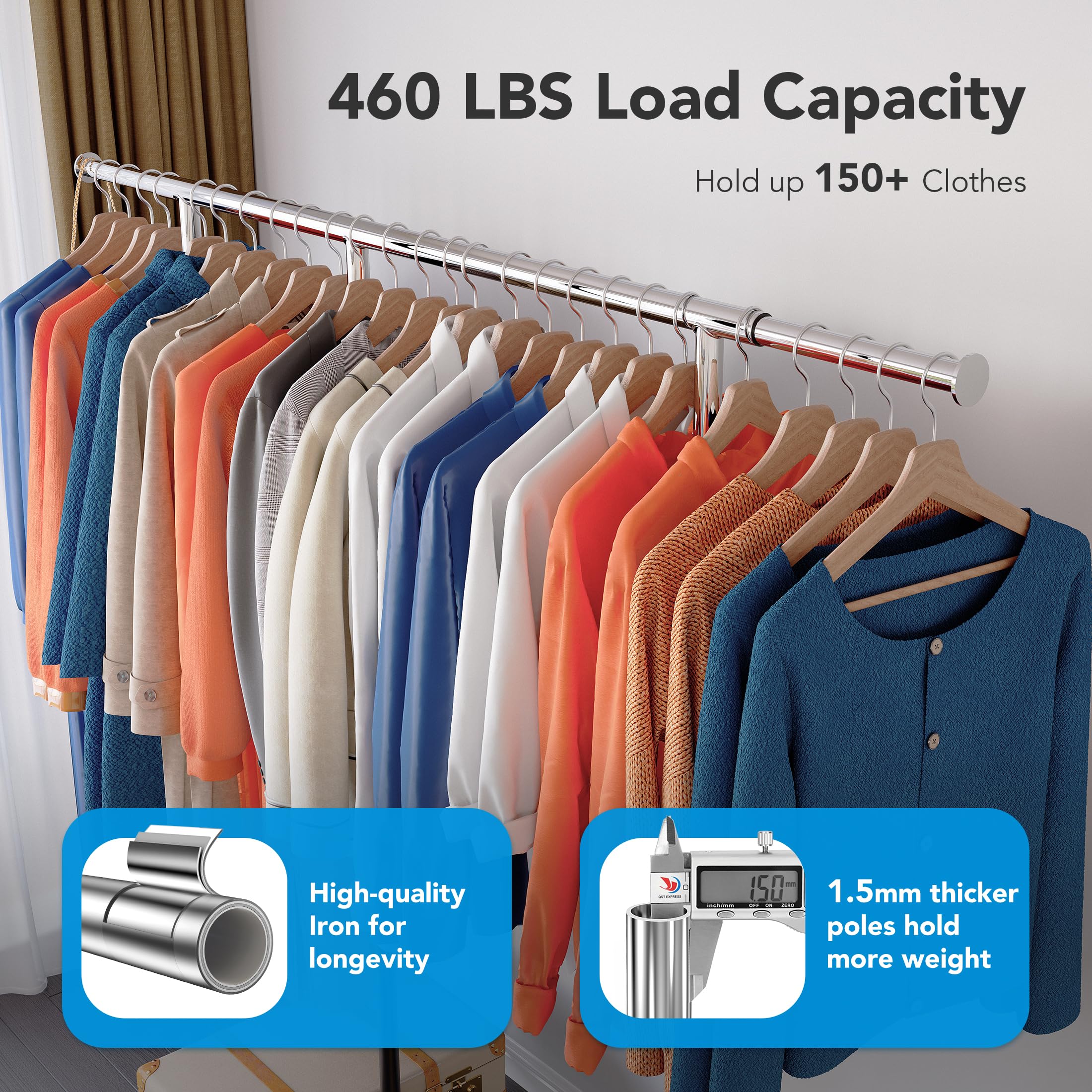 HOKEEPER Heavy Duty Clothes Rail, Sturdy 150KG Rack with Hanging Clothing Rack, Clothing Garment Rack with Storage ShelvesFreestanding Rails for