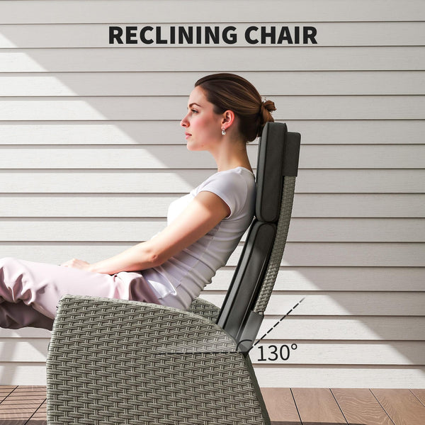 Outsunny 5 Piece Rattan Garden Furniture Set, Garden Reclining Rattan Chairs Set of 2 with Wood-Plastic Composite Table, Footstools and Thick Cushions for Balcony, Patio, Charcoal Grey