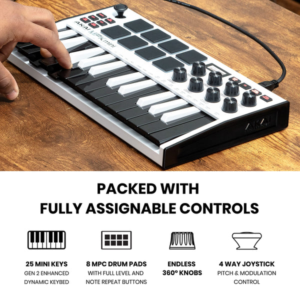 Akai Professional MPK Mini MK3 - 25 Key USB MIDI Keyboard Controller with 8 Backlit Drum Pads, 8 Knobs and Music Production Software and Native Instruments Sound Package (NKS Integration)