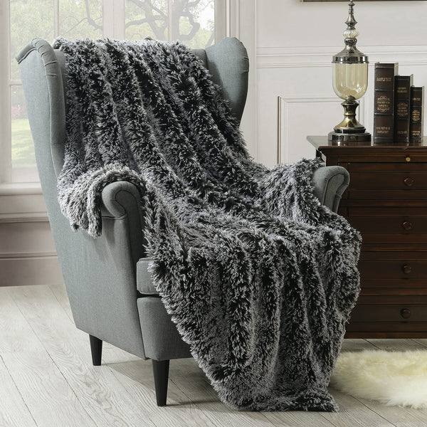 Faux Fur Throw Blanket, Luxury Shaggy Warm Fuzzy Fluffy Elegant Long Hair Washable Decoration Blanket for Sofa Couch and Bed, Grey 152x203cm
