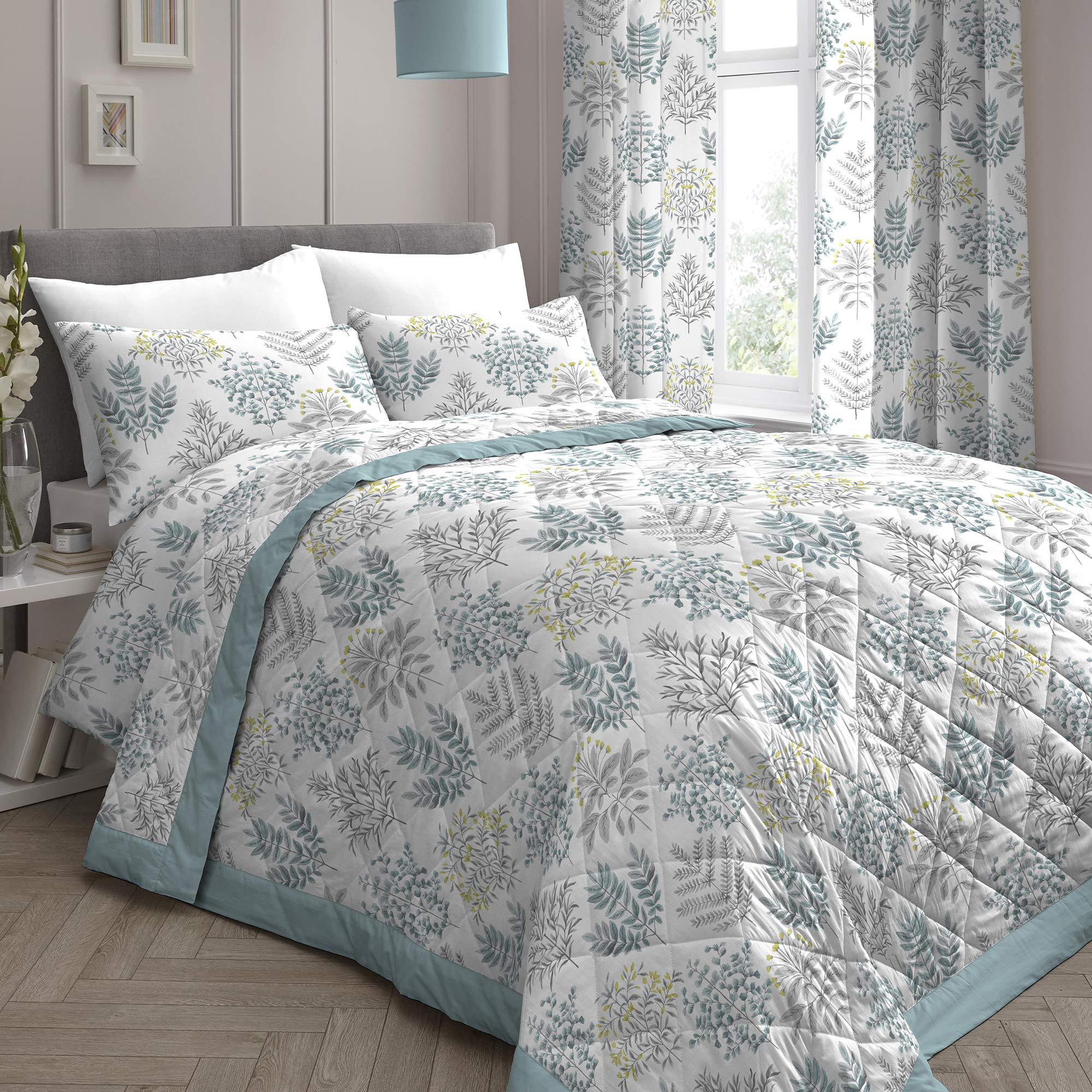 Dreams & Drapes - Duck Egg Floral Fern Bedspread (230cm X 195cm) - Reversible Design - Botanical Leaf Quilted Bedspreads in Duck Egg - Floral