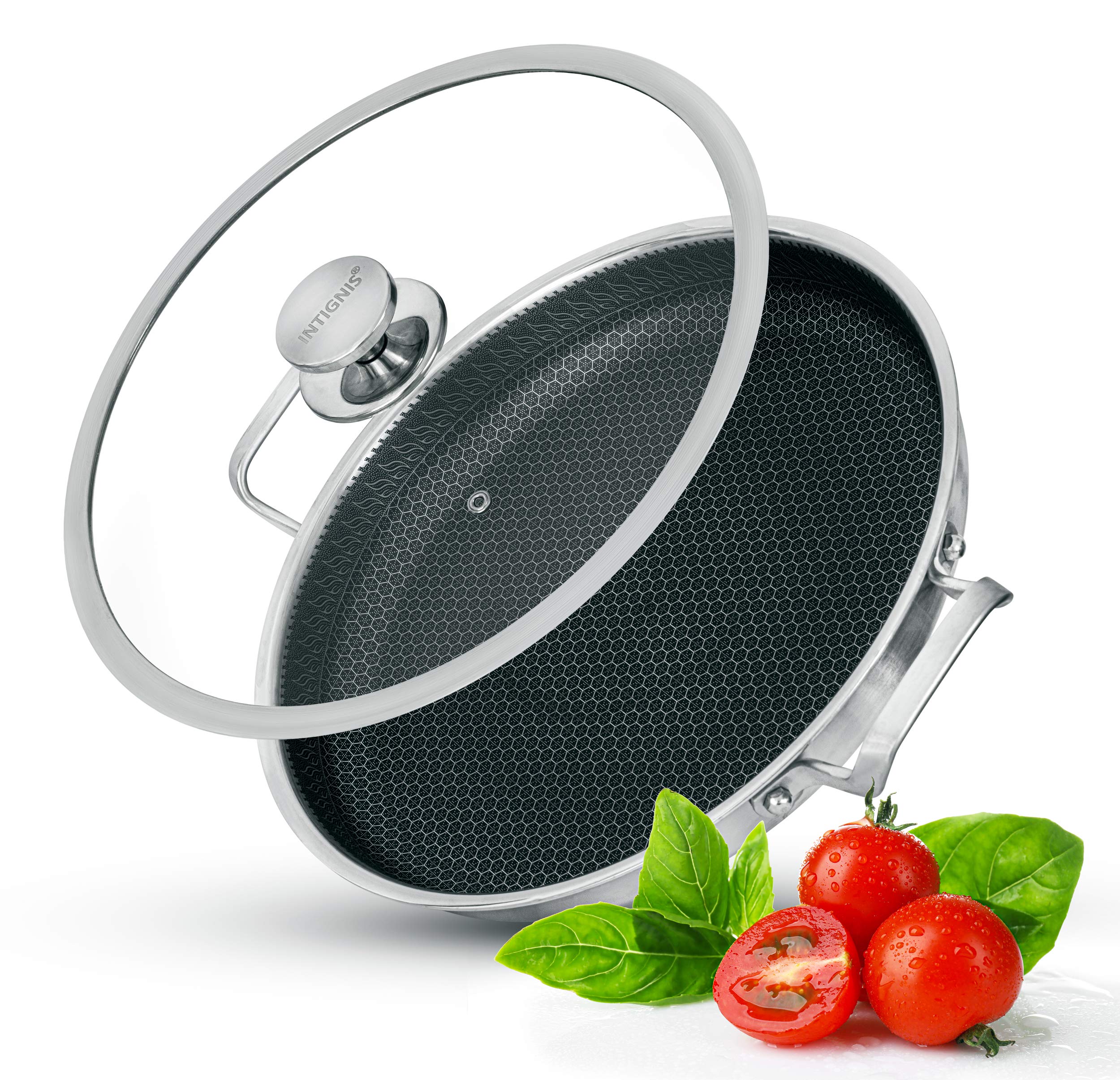 INTIGNIS Paella Pan or Frying Pan with Oven-Safe Lid - Sauting, Roasting, Broiling - 32cm Aluminium Stainless Steel Skillet - German GREBLON