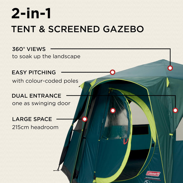 Coleman Tent Octagon, 6 Man Festival Dome Tent, 6 Person Family Camping Tent with 360° Panoramic View, Stable Steel Pole Construction, Sewn-in Groundsheet, 100 Percent Waterproof