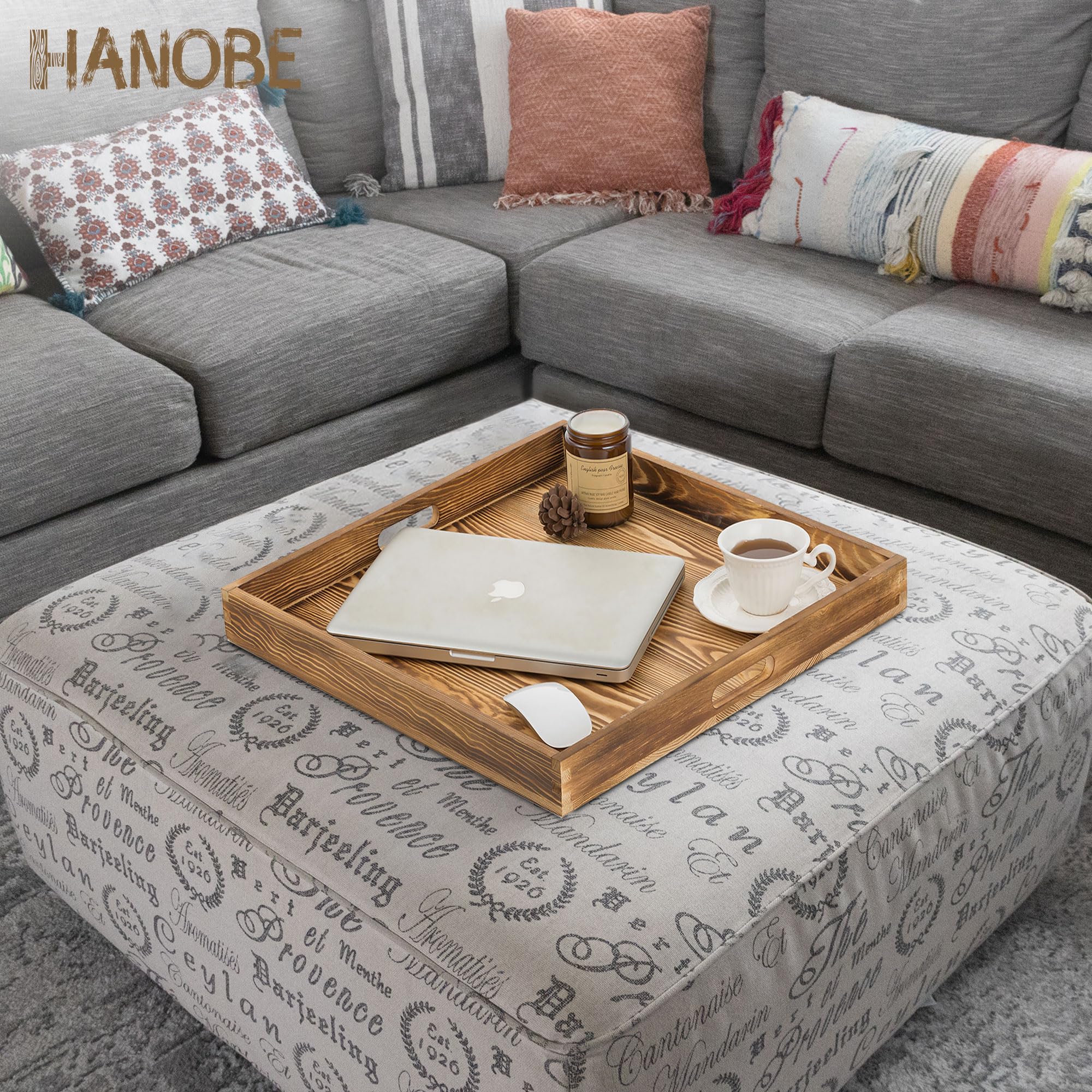 Hanobe Square Large Ottoman Tray: Extra Large Serving Tray with Handles Rustic Wood Decorative Coffee Table Trays Farmhouse Home Decor for Living Room