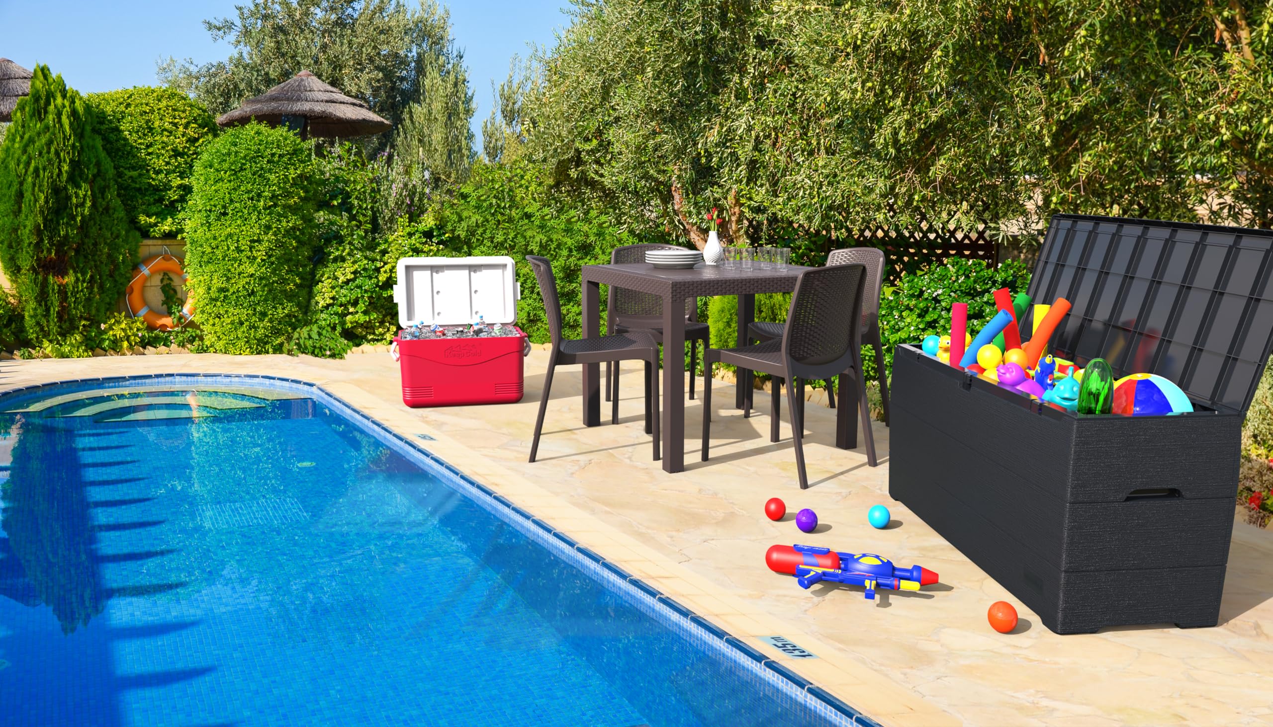 Duramax Cedargrain Durabox 270 Litre/ 71 Gallons plastic storage box, Outdoor Deck Garden Furniture Organizer, Lockable Lid, Plastic Cushion Box with