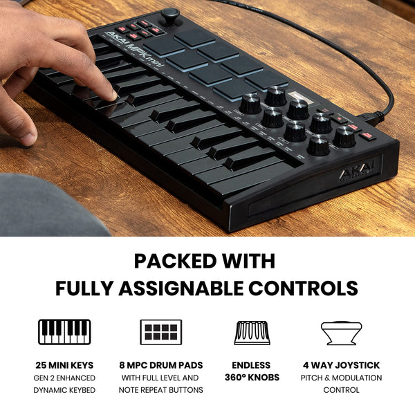 Akai Professional MPK Mini MK3 - 25 Key USB MIDI Keyboard Controller with 8 Backlit Drum Pads, 8 Knobs and Music Production Software and Native Instruments Sound Package (NKS Integration)