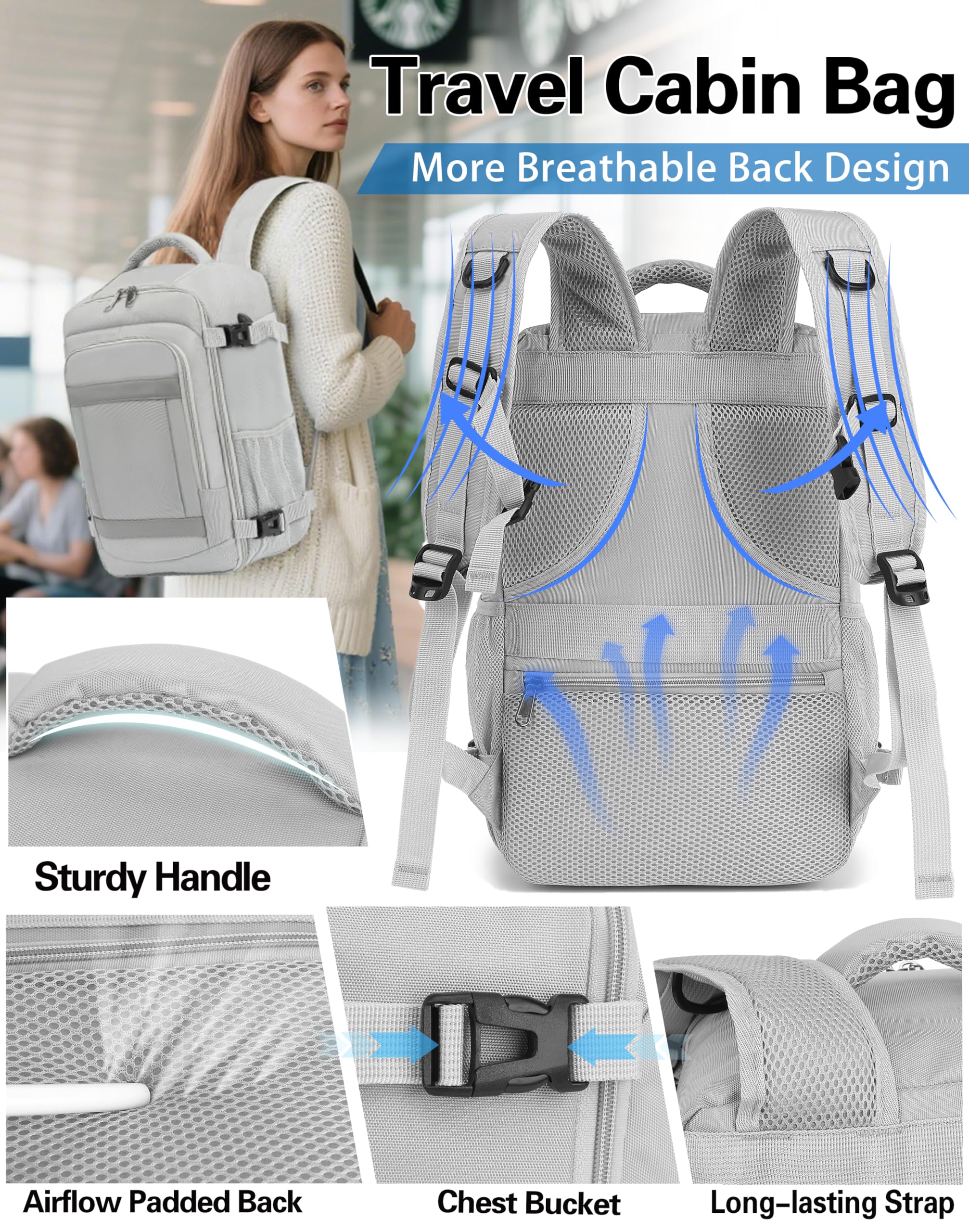 KLOSTAIN for Easyjet Cabin Bag 45x36x20 Travel Backpack Hand Luggage Carry-ons Bag Laptop Backpack Ruscksack for Airplanes Flight New Easyjet Underseat Cabin Bags Fit 14" Laptop Navy