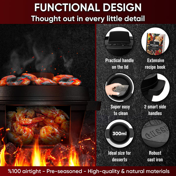 GUSSK?NIG Dutch Oven Set Mini - 4x 300ml Cast Iron Mini Pots with Lids - Pre-Seasoned Mini Dutch Ovens - Cast Iron Mini Cocotte Serving Pans