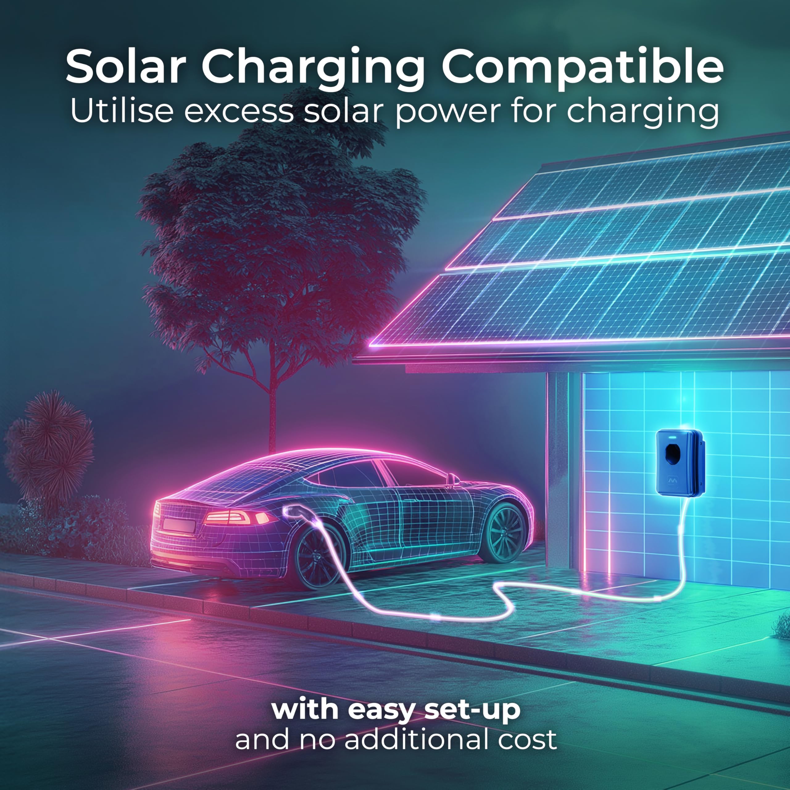 Masterplug Smart EV Home Wall Charger for Type 2 Electric and Plug-In Hybrid Vehicles, Tethered with 5m Cable, Mode 3, App Control, Solar Charging, Single Phase, Black, IP55, 7.4kW, 32A, EVCM3ST7B-MP