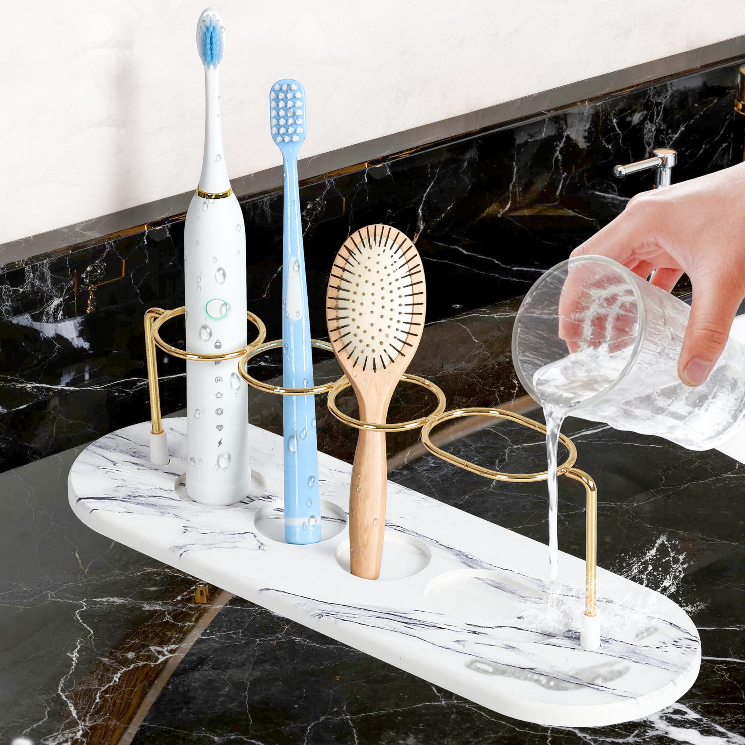 ZAIONE Toothbrush Holder for Bathroom Countertop: Quick-Dry Absorbent Diatomite Base for Electric Toothbrushes Toothpastes Organiser 30?10cm(White