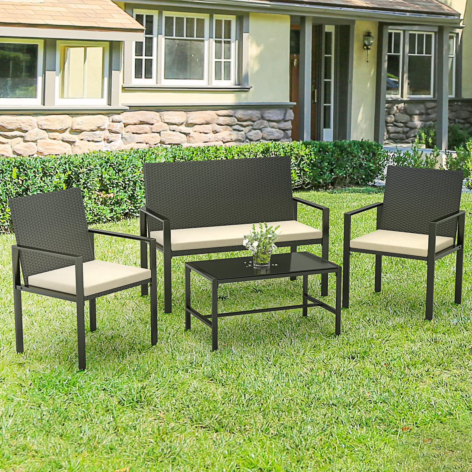 bigzzia Rattan Garden Furniture Set, 4 piece Patio Rattan furniture sofa Weaving Wicker includes 2 Armchairs,1 Double seat Sofa and 1 table (Black)