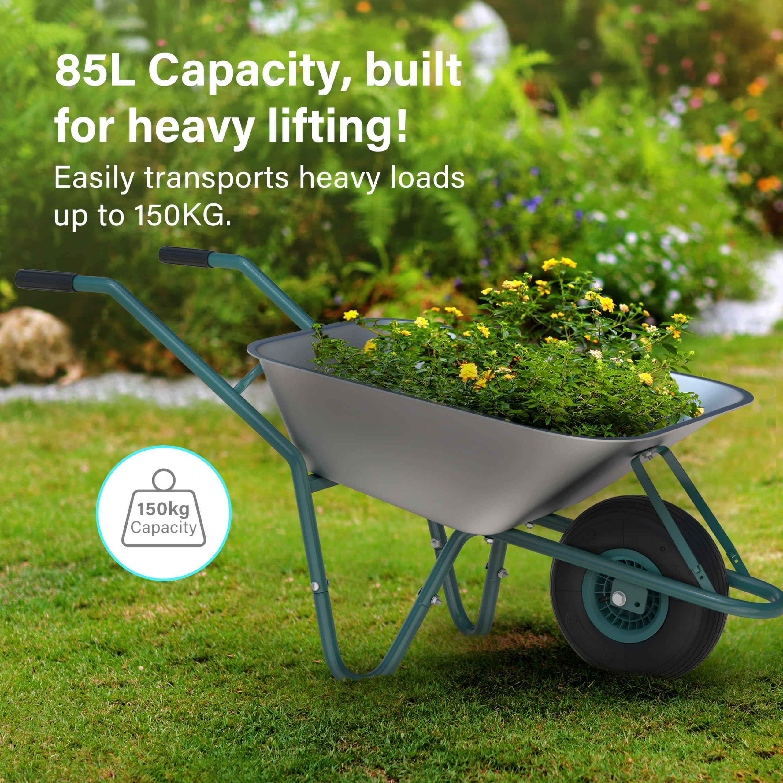 65L Wheelbarrow Home Garden, Heavy Duty Cart Galvanised Wheel Barrow with Pneumatic Tyre 100KG Load-Bear, Strong Large Transport Trolley Handcart, Suitable for Garden Work