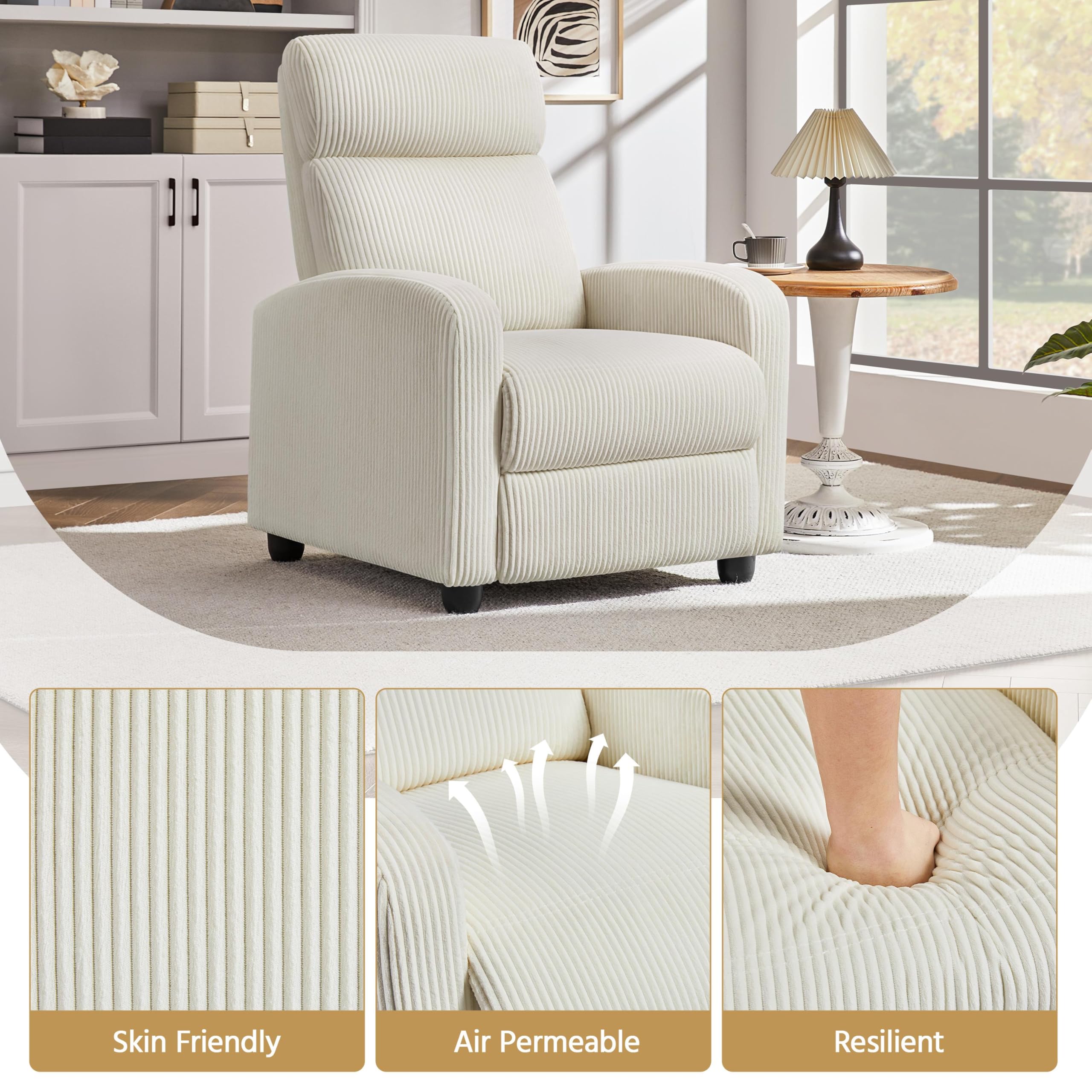 Yaheetech Recliner Armchair Single Padded Seat Boucle Fabric Sofa Lounge Home Living Room Theater Adjustable Leg Rest and Reclining Functions Ivory