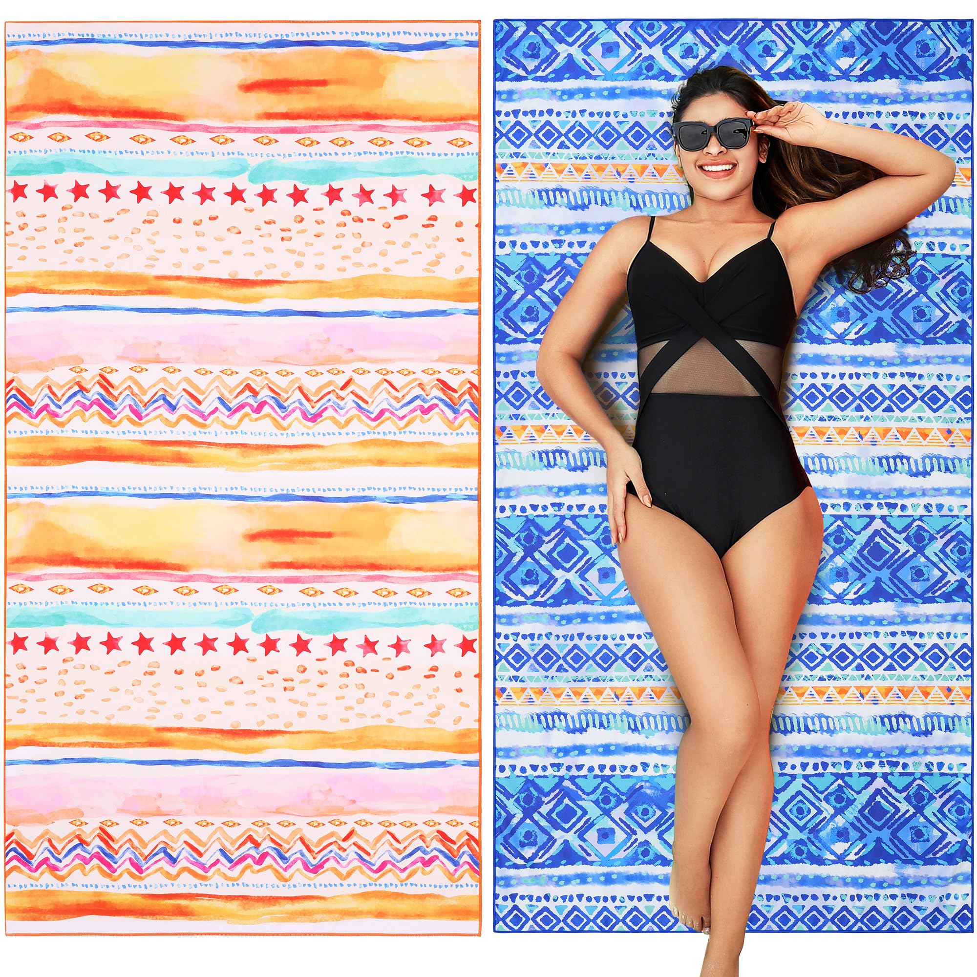 Winthome Beach Towel, Extra Large Microfibre Beach Towel for Adult, Double Sides Sand Free Quick Dry lightweight Travel Swimming Towel(Pink + Green, 90×180cm - 2 pack)