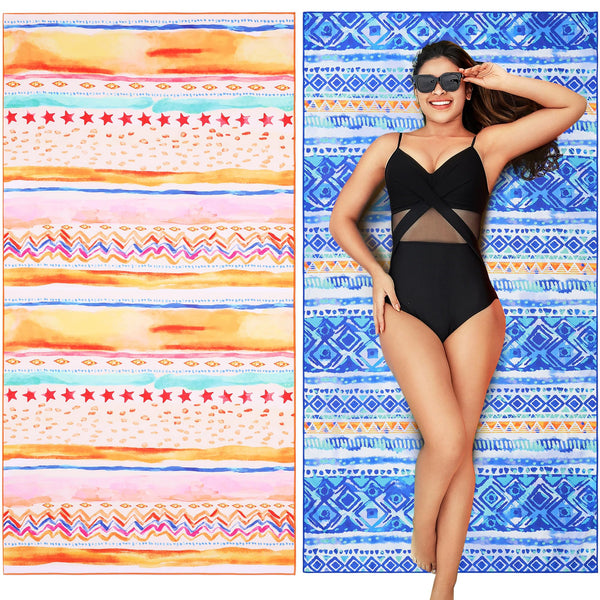 Winthome Beach Towel, Extra Large Microfibre Beach Towel for Adult, Double Sides Sand Free Quick Dry lightweight Travel Swimming Towel(Pink + Green, 90×180cm - 2 pack)