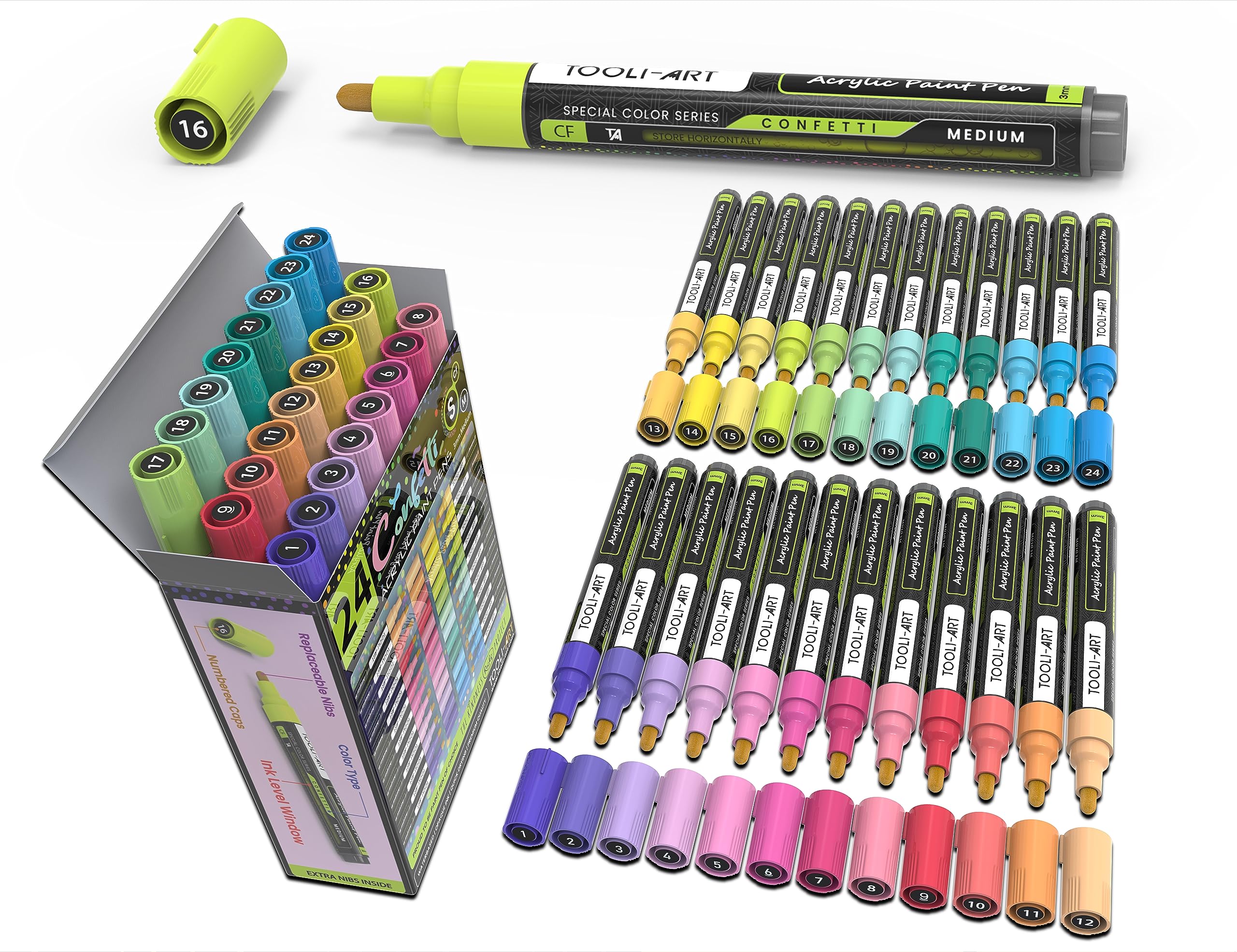 24 Confetti Colours Acrylic Paint Pens Markers Set 3mm Medium Tip, Rock Painting, Glass, Mugs, Wood, Metal, Canvas, Pottery, Plastic, DIY Projects,