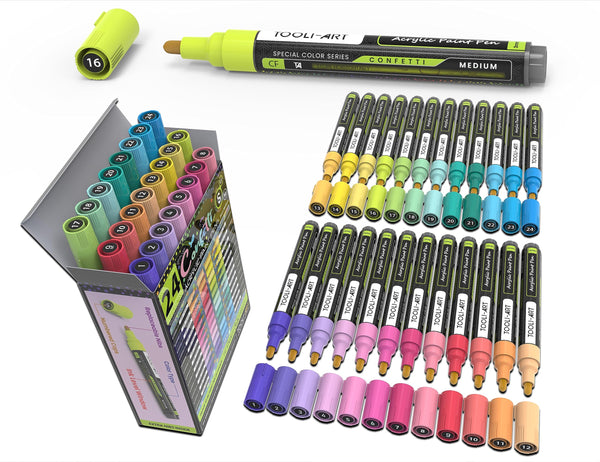 24 Confetti Colours Acrylic Paint Pens Markers Set 3mm Medium Tip, Rock Painting, Glass, Mugs, Wood, Metal, Canvas, Pottery, Plastic, DIY Projects,