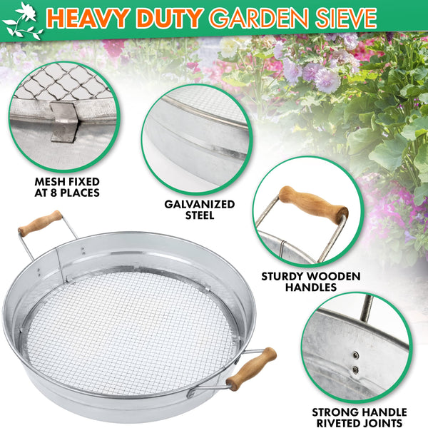 IDSWorld Galvanized Garden Sieve Compost Dirt Soil Shifter Round Riddle Screen Pan Strong Mesh Wooden Handles with Plastic Gardening Scoop