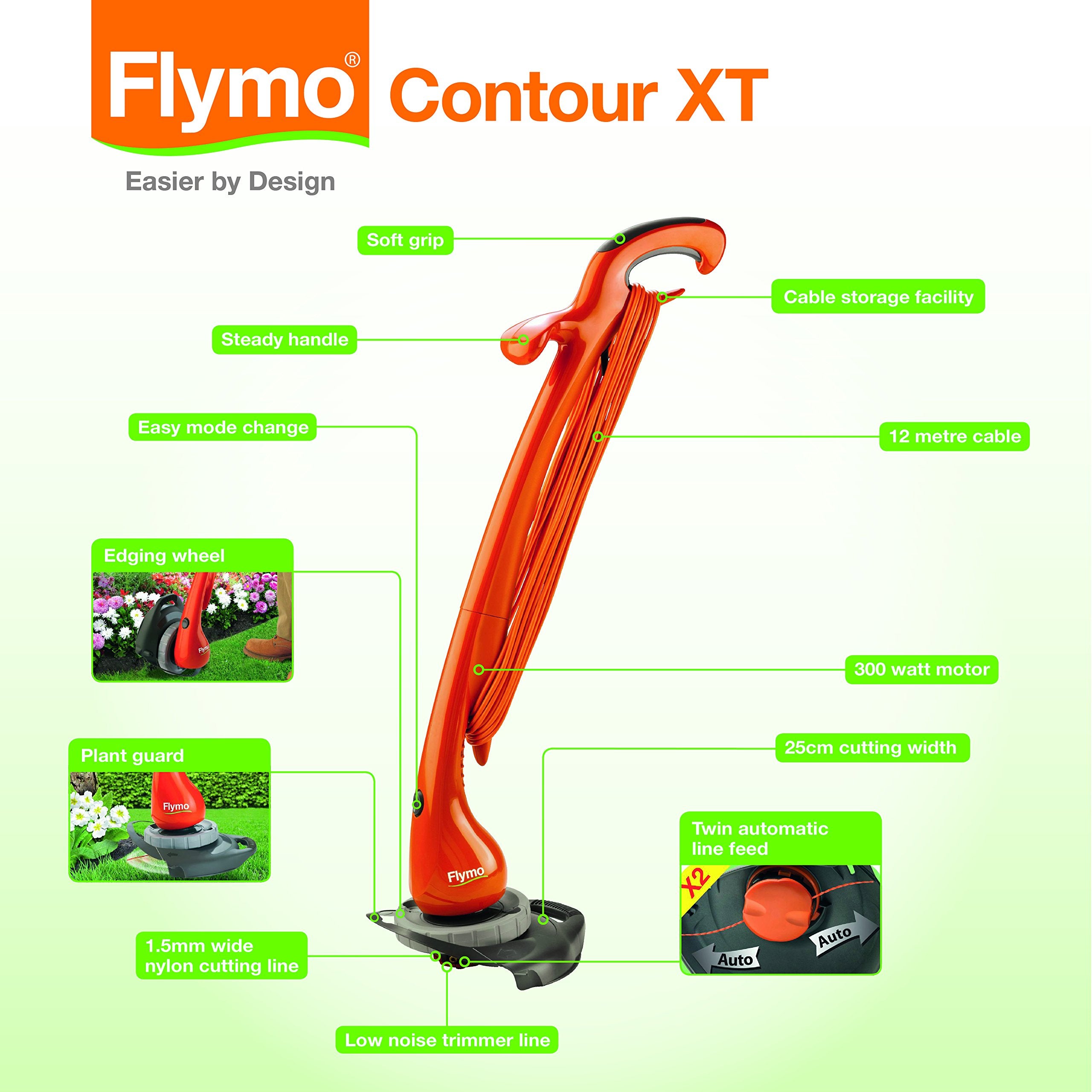 Flymo Contour 500E Electric Grass Trimmer and Edger, 500 W, Cutting Width 25 cm, Orange