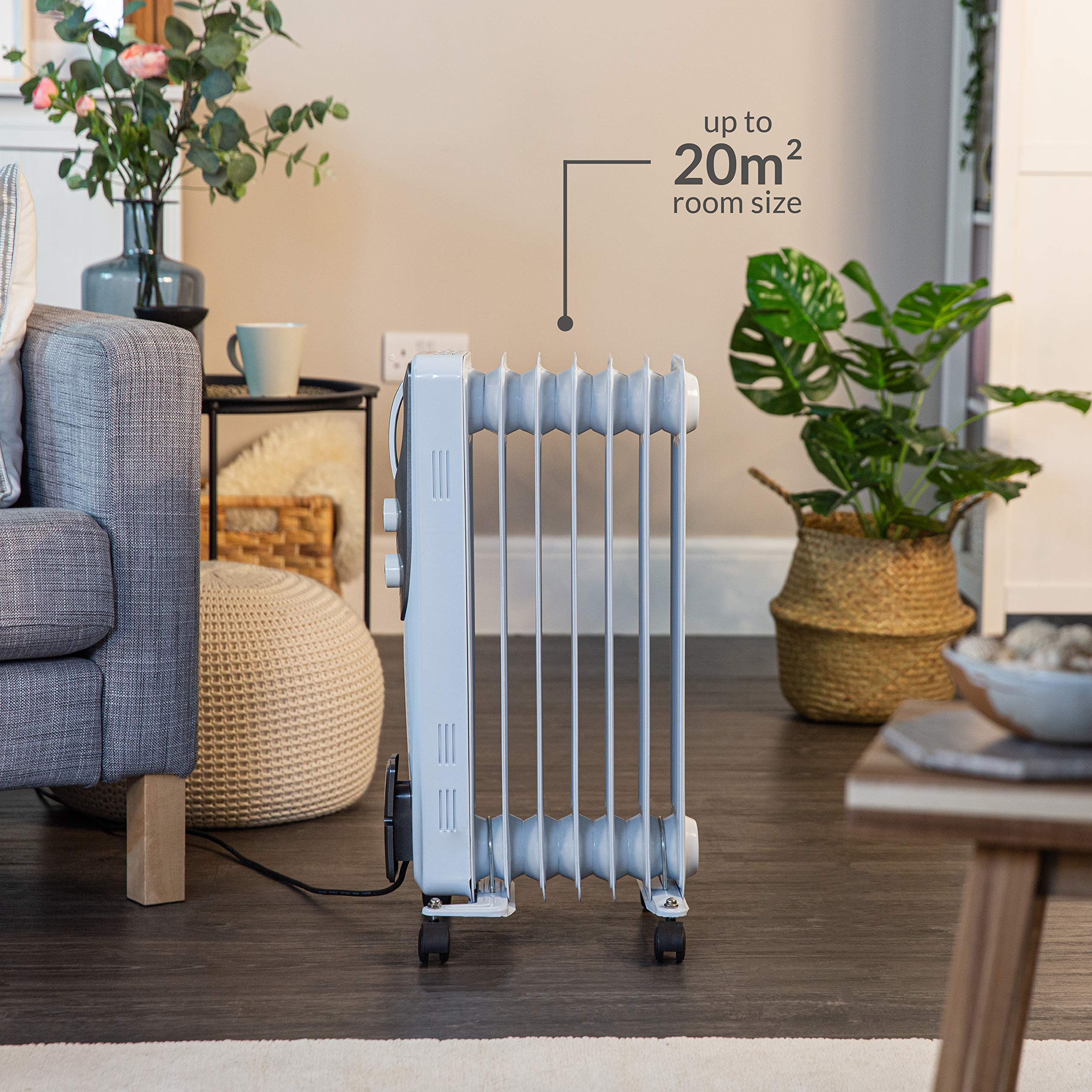 Russell Hobbs 1500W/1.5KW Oil Filled Radiator, 7 Fin Portable Electric Heater - White, Adjustable Thermostat with 3 Heat Settings, Safety Cut-off, 15 m sq Room Size, RHOFR5001, 2 Year Guarantee